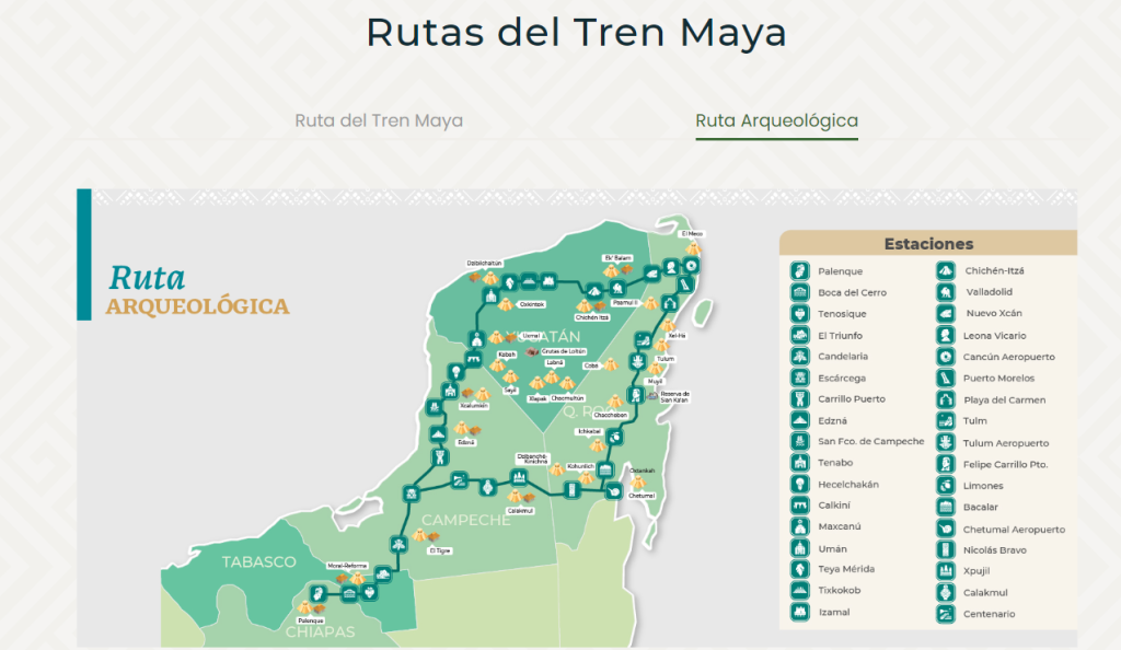 Mapa de rutas arqueológicas del Tren Maya